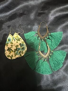 Green Tassel Fan Statement Earrings - Women Jewelry